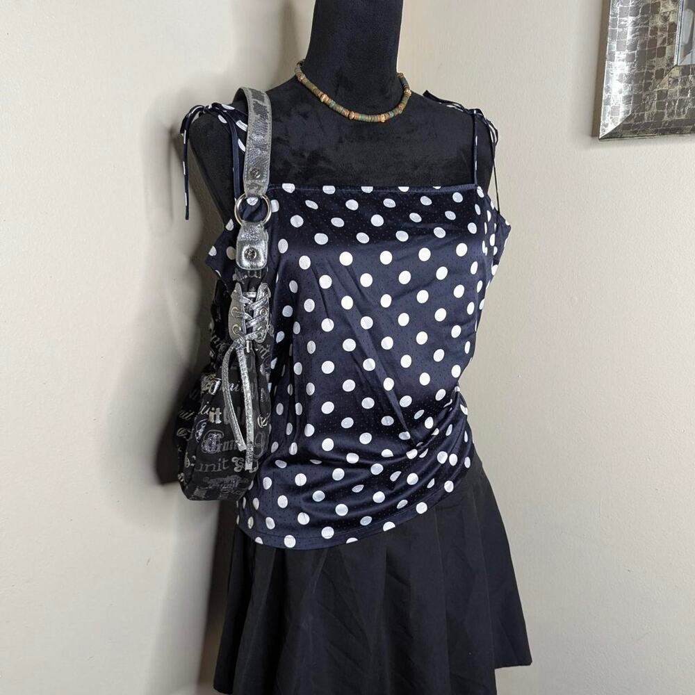 white and navy polka top XL
